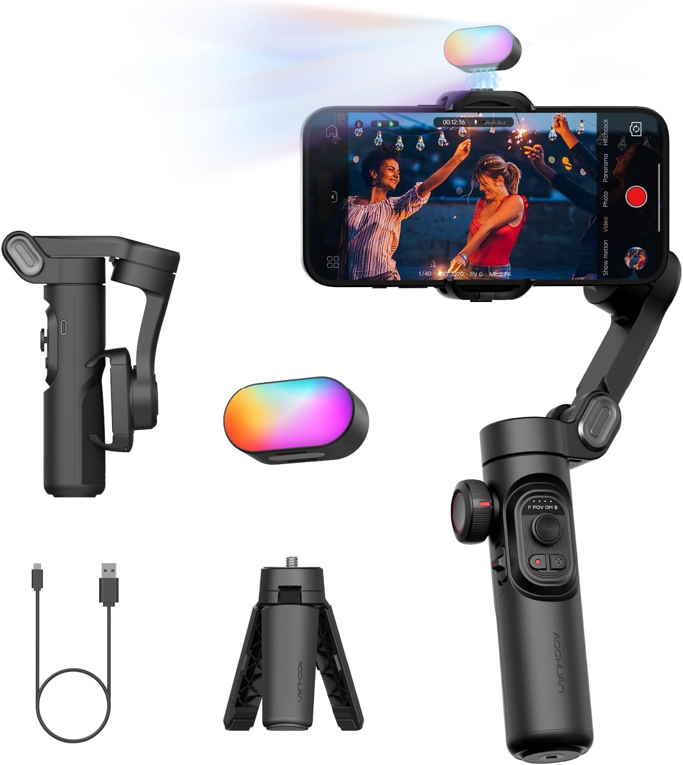 3-Axis Gimbal Stabilizer for Smartphone, Gimbal w/RGB Magnetic Fill Light Upgraded Face Tracking Focus Wheel Foldable iPhone Gimbal for iPhone/Android Phone Gimbal Vlog Recording Smart XE Kit